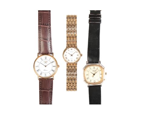 LONGINES: A GENTLEMANS' GOLD-PLATED WRISTWATCHwith quartz movement, the white dial with black Roman numerals and dark blue st