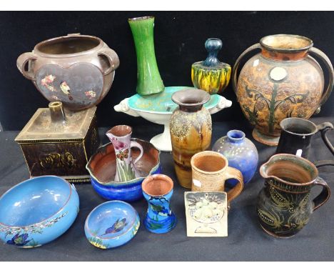 A STOCKLEY, WEYMOUTH POTTERY VASE, A BRANNAM COMPORT and other ceramics