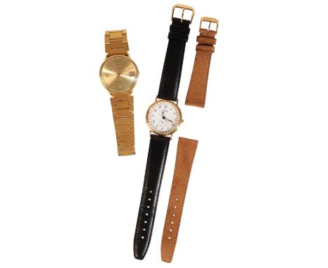 MOVADO: A GOLD PLATED GENTLEMAN'S WRISTWATCHwith quartz movement, white dial, black Arabic numerals and subsidiary dial, dark