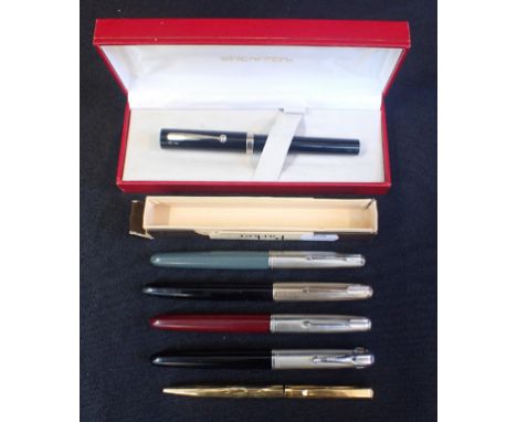 FOUR PARKER FOUNTAIN PENSone boxed, with a Sheaffer pen and a Waterman pencil