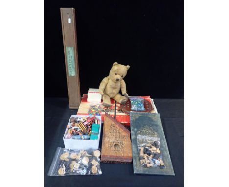 'FISHPONDS, A PARLOUR GAME', IN ORIGINAL LABELLED BOXan old Teddy Bear, a toy zither, a solitaire board, and other items
