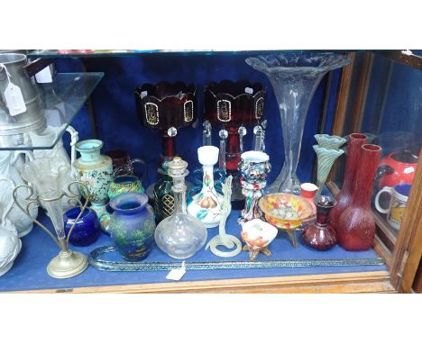 A NAILSEA STYLE GLASS WALKING STICK, AND OTHER GLASSVictorian and later, including a pair of lustres (some damage)