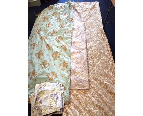 FOUR PAIRS OF CURTAINS; ONE PAIR COUNTRY HOUSE STYLE WITH LILAC SCROLL PATTERN each 220cm long, 167cm wide, with another pair
