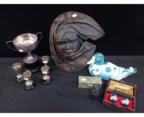 A DAVID SHARP RYE POTTERY DUCK28cm long, with a moulded leather portrait sculpture and two Far Eastern boxes, one containing 