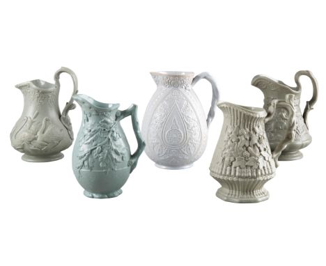 A STONEWARE JUG BY RIDGWAY & CO.19th century, moulded in relief with scenes from the poems of Robert Burns, 16.5cm high; toge