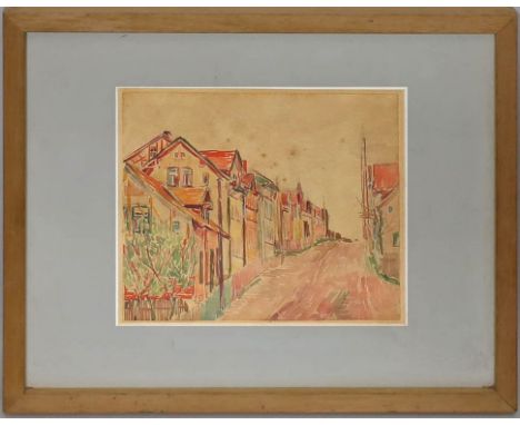 Melzer, Moritz (1877 Albendorf - Berlin 1966) Dorfstraße. Aquarell (Altersspuren, fleckig), verso Nachlass-Stempel Moritz Mel