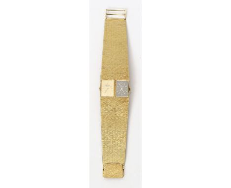 Armbanduhr mit zwei Zeitzonen, Chopard. Doppeltes, rechteckiges Gehäuse und integriertes Milanaiseband 750/000 GG, brutto 110