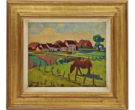 Balwé, Arnold (1898 Dresden - Feldwies 1983), att. Dorflandschaft mit weidendem Pferd. Öl/Karton (l. Altersspuren), li. u. si