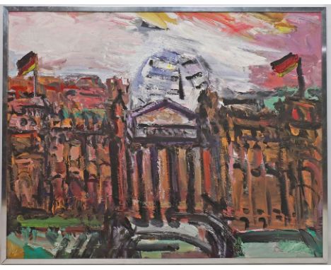 Denkhaus, Sigrid (geb. 1951 in Oberhausen) "Regierungsviertel im Entstehen - Reichstag mit Glaskuppel", so verso betitelt. Öl