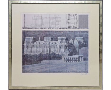 Christo (1925 Gabrowo/Bulgarien - New York 2020) "Wrapped Reichstag" (Druck Nr. 7). Vierfarbenoffset/Büttenkarton, re. u. mit