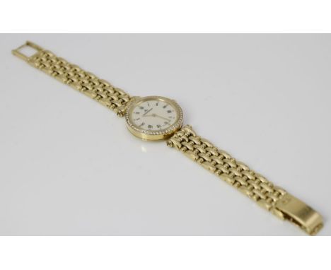 Damenarmbanduhr "JAEGER-LE COULTRE". Gliederarmband und rundes Gehäuse 750/000 GG, brutto 44,4 g. Lunette besetzt mit ca. 55 