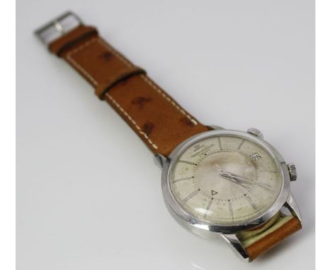 Herrenarmbanduhr "Jaeger - le Coultre", Modell "Memovox" mit Datum, Ref. E 855 für den europäischen Markt. Rundes Edelstahlge