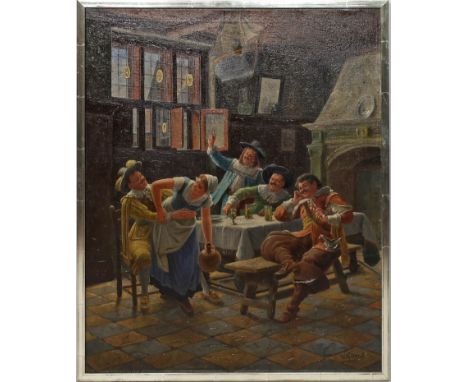 Giessel, Wilhelm Friedrich (1869 Wien 1938) Gesellige Wirtshausszene. Öl/Lwd. (mittig o. Riss), re. u. sign. Ca. 68x 55 cm. R