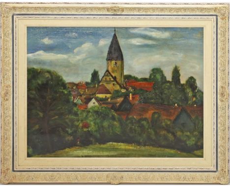 Heckendorf, Franz (1888 Berlin - München 1962) Von Bäumen umgebenes Dorf. Öl/Malkarton, laut Zertifikat 1933-39 entstanden. C