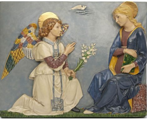Reliefplatte Verkündigung an Maria", nach della Robbia. Farbig bemalter Gips. Min. best. Prägemarke der Staatlichen Gipsforme