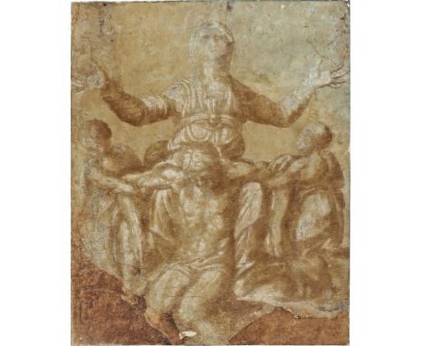Michelangelo, Bounarroti (1475 Caprese - Rom 1564) Schule/Umkreis Pieta (mit Engeln vor dem Kreuz). Tusche wohl mit Deckweiß/