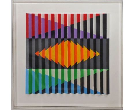 Heinecke, Hajo (geb. 1948 in Hamburg) Stereoskopisches Objekt ohne Titel. Mixed Media, polychromer, gefalteter Karton, auf Ku