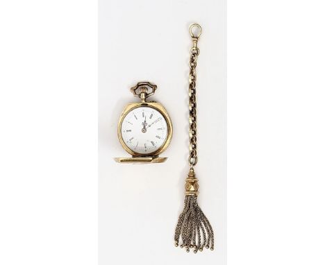 Kleine Savonette in Hufeisenform mit Chatelaine. Savonette mit ziseliertem, drei Deckel 585/000 GG-Gehäuse mit Resten farbige