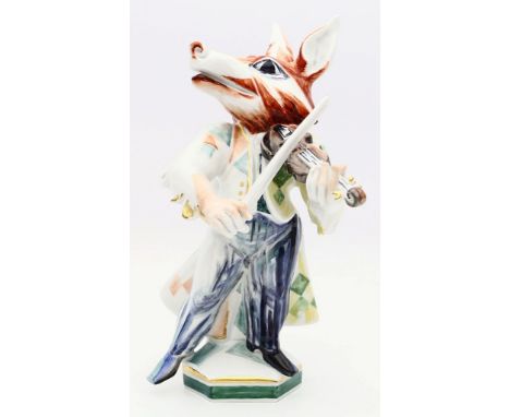 Strang, Peter (1936 Dresden 2022) "Fuchs als Geiger", aus der Serie "Musizierende Tiere". Bunt bemalt. Entwurf aus den Jahren