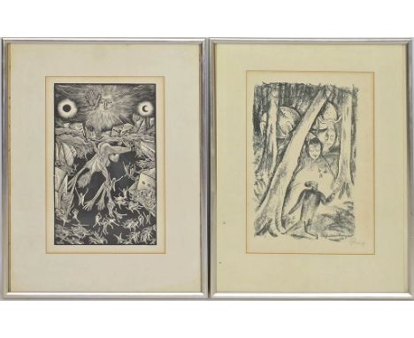 Schnarrenberger, Wilhelm (1892 Buchen/Odenwald - Karlsruhe 1966) Lithographie Spinnen im Wald und Holzstich Herabstürzende. L