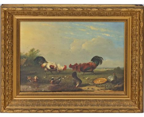 van Deverdonk, François (1848 Belgien 1875) Zwei streitende Hähne und weiteres Federvieh an Teichufer. Öl/Holz, li. u. sign. 
