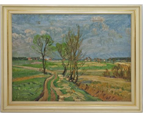 Hänsch, Johannes (1875 Berlin 1945) "Frühling bei Lübars", so auf Keilrahmen betitelt und sign. Öl/Lwd. (besch./rest.), li. u