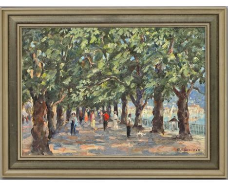 Demmin, Erich (1911 Mecklenburg - Berlin 1997) Sommerliche Uferpromenade mit zahlreichen Spaziergängern unter Bäumen. Öl/Plat
