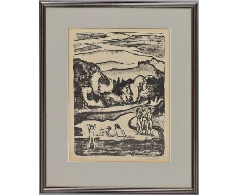 Heckel, Erich (1883 Döbeln - Radolfzell am Bodensee 1970) "Badende Kinder" (1954), so betitelt. Lithographie (l. stockfleckig