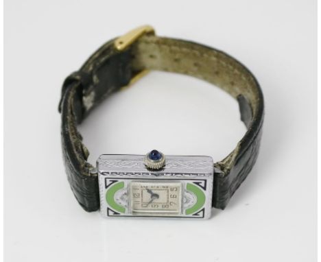 Art Deco-Armbanduhr "DIEL W.C.CO". Seitlich reliefiertes, tonnenförmiges, Edelstahlgehäuse mit grünen Verzierungen. Weißes Zi