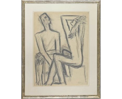Reuter, Erich Fritz (1911 Berlin 1997) Gespräch. Kohlezeichnung (l. Altersspuren), re. u. sign. und dat. 1948 sowie bez. "Dre