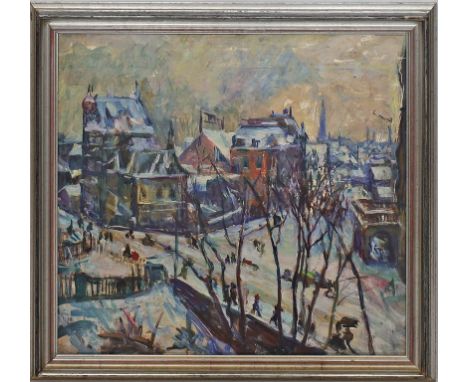 Unbekannter Maler (um 1910-1920) Stadtansicht im Winter. Öl/Platte (l. Altersspuren), recto lesender Herr am Fenster. Ca. 44,