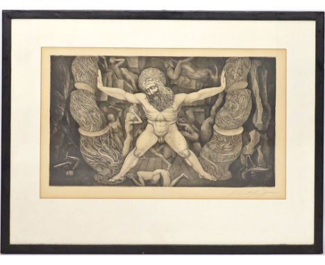 Fuchs, Ernst (1930 Wien 2015) Samson. Radierung (Mittelfalz, l. gebräunt), re. u. mit Bleistift sign. Plattenrand ca. 30,5 x 