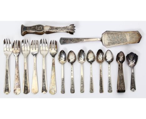 Dessertbesteck für sechs Personen, 16-teilig. 900/000 Silber, 384 g. Reliefiertes und ziseliertes, stilisiertes Landschaftsde