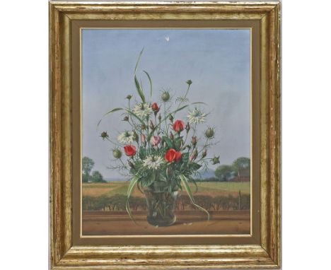 Böttger, Herbert  (1898 Krefeld - Büderich 1954) Naturalistischer Feldblumenstrauß mit Mohn vor einer Feldkulisse mit Gehöft.
