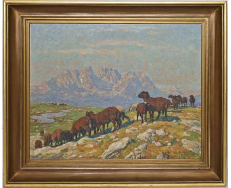 Hänel, Georg (1879 Dresden - Gammesfeld 1945) Schafherde vor dem Schlern in den Südtiroler Dolomiten (Italien). Öl/Lwd., re. 