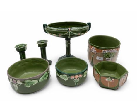A collection of Eichwald pottery including planters, comport, bowls and a pair of Wardle candlesticks Condition Report:Availa