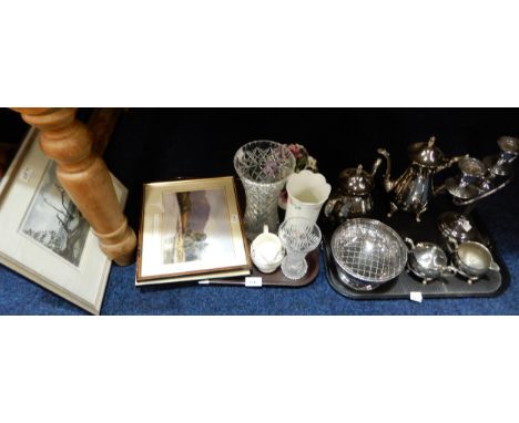 A silver plated tea set, candelabra and rose bowl, assorted pictures and decorative ceramics Condition Report:Available upon 