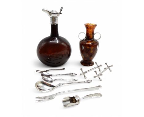 A Victorian silver-mounted brown glass wine jug, Birmingham 1891, a silver-mounted amber resin vase, A silver fork by Martin 