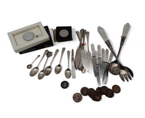 A collection of silver and plate including three silver teaspoons by James &amp; William Deakin, Sheffield, another silver te