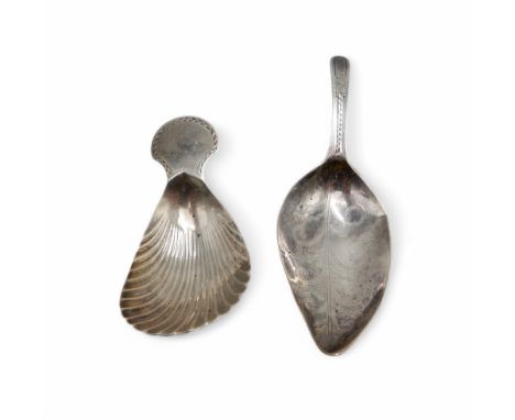 A George III leaf-form silver caddy spoon, London 1798, and another Irish shell-form example, maker's mark J.S, Dublin, 23gms