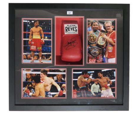 Manny Pacquiao - a signed Reyes Professional boxing glove, housed within a display case, surrounded by four colour photograph