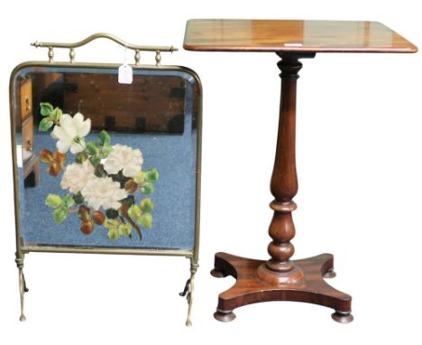 A lot comprising an early 20th century brass framed mirrored fire screen, 73cm high and a Victorian mahogany occasional table
