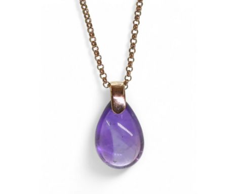An amethyst pendant on a 45cm 9ct gold chain. amethyst tear drop shaped amethyst is approx 20mm x 13mm x 9.4mm Condition Repo