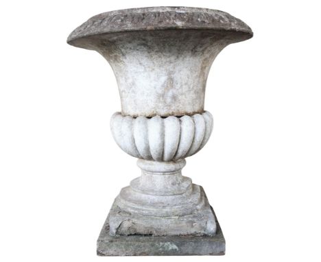 A 20th century stoneware garden urn with acanthus leaf rim on stepped pedestal base, 76cm high x 63cm diameter Condition Repo