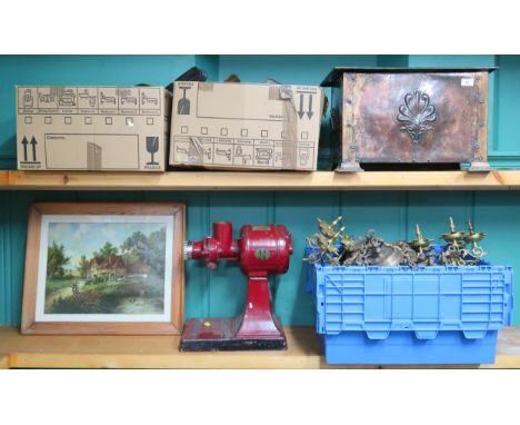 A large mixed lot to include Hobart coffee grinder (def), two framed prints, desk tidy, copper coal depot, three boxes of ass