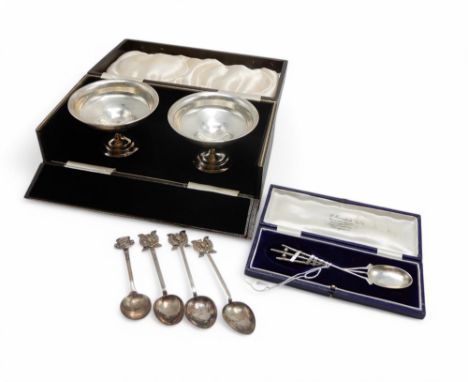 A cased pair of silver footed bonbon dishes (weighted), by Barker Brothers 1936, a Scottish silver golfing spoon, a souvenir 