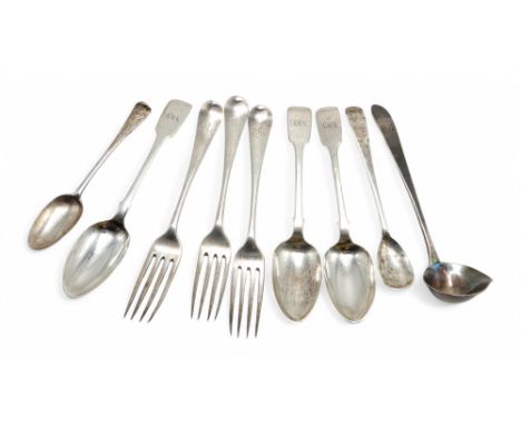 A collection of Georgian and later Irish silver flatware, including three forks by John Power, Dublin 1795, a sauce ladle by 