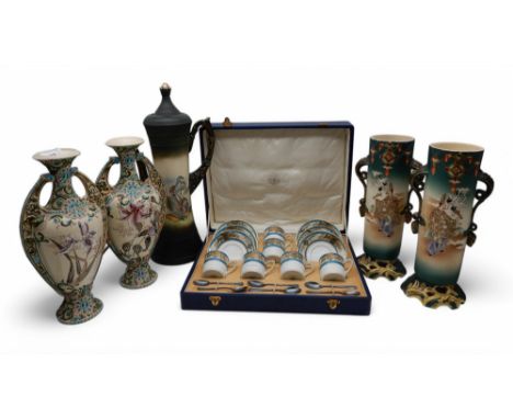 A cased set of Noritake coffee cans and saucers with spoons, a pair of Satsuma vases decorated with a man and cranes, a large