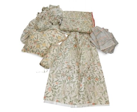 A Sanderson William Morris 'Fruit' pattern bedroom set comprising a pair of curtains 125cm long x 246cm wide, pelmet, a bed c