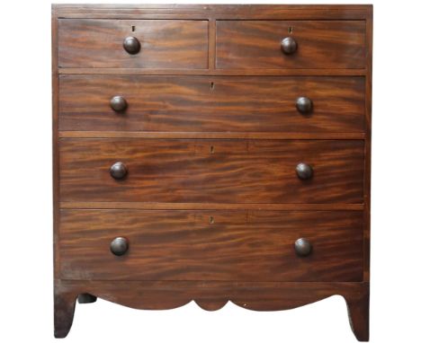 A Victorian mahogany two over three chest of drawers with turned handles on bracket supports, 105cm high x 99cm wide x 52cm d